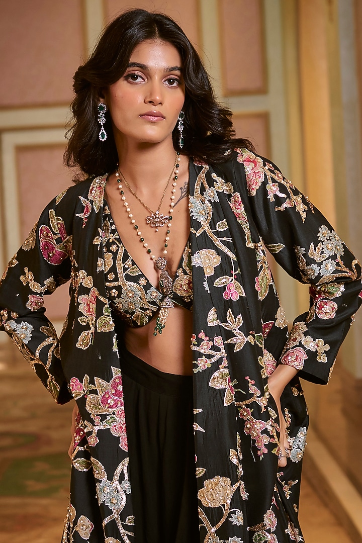 Black Chiniya Silk Zardosi Embroidered Jacket Set by Paulmi & Harsh at Pernia's Pop Up Shop