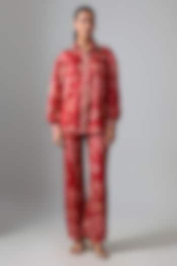 Red Japan Satin Floral Printed Co-ord Set by Paulmi & Harsh at Pernia's Pop Up Shop