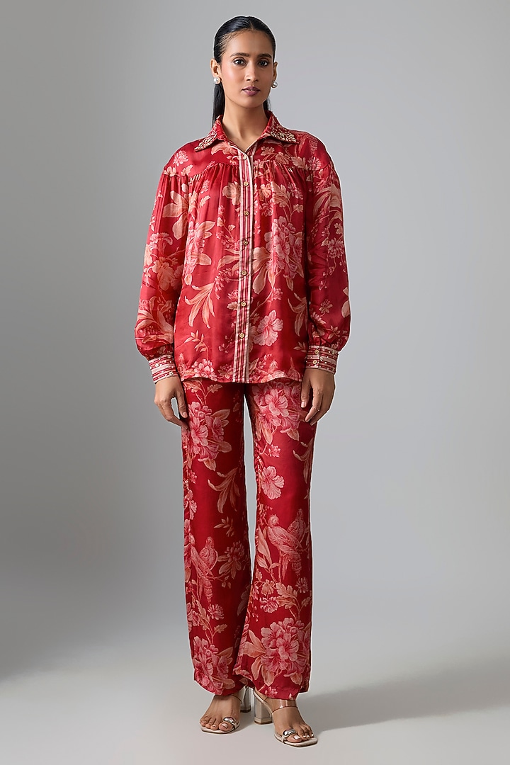 Red Japan Satin Floral Printed Co-ord Set by Paulmi & Harsh at Pernia's Pop Up Shop
