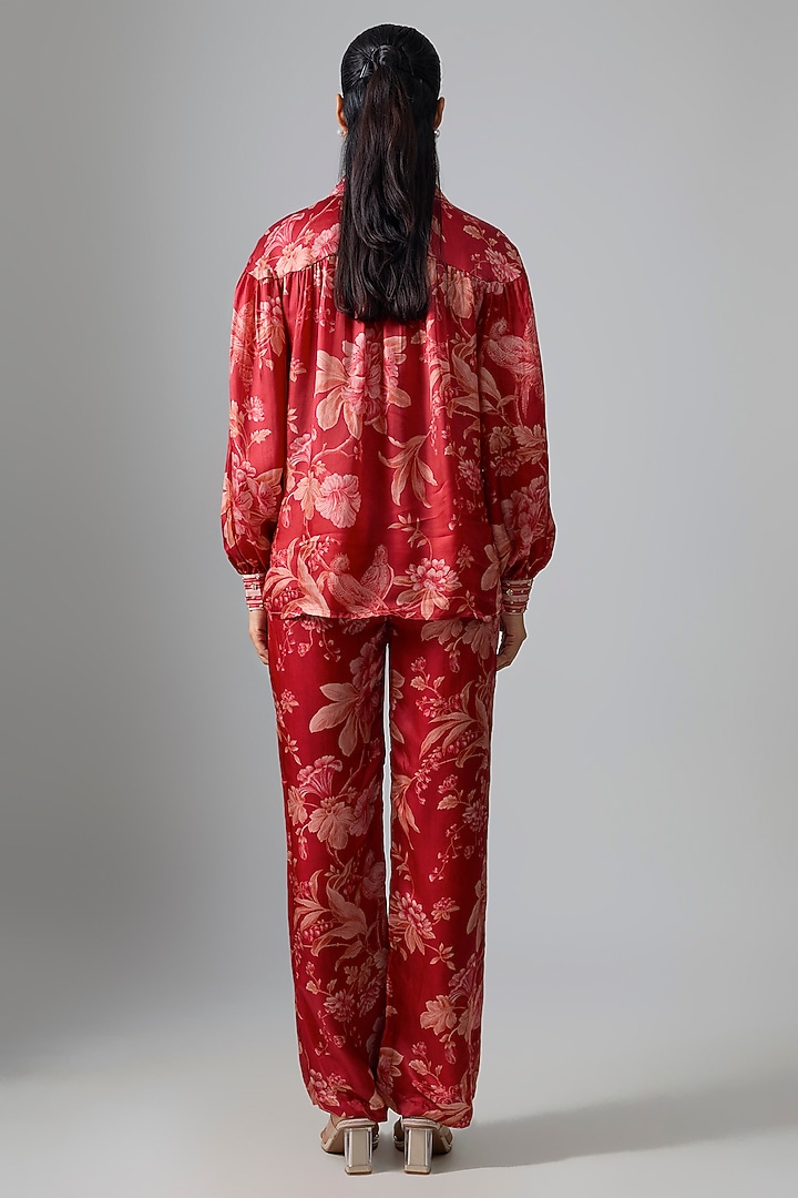 Red Japan Satin Floral Printed Co-ord Set by Paulmi & Harsh at Pernia's Pop Up Shop