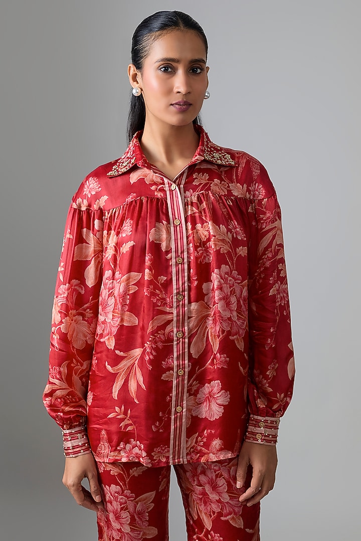 Red Japan Satin Floral Printed Co-ord Set by Paulmi & Harsh at Pernia's Pop Up Shop