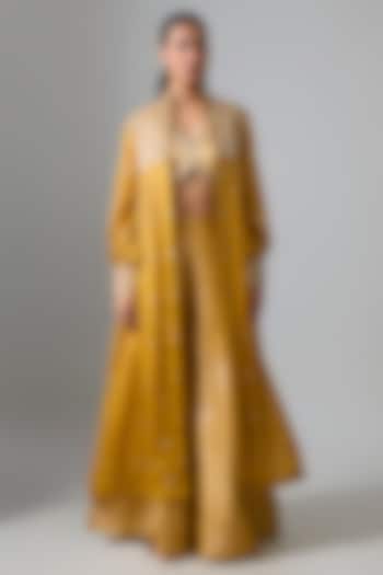 Mustard Tissue Booti Aari & Zardosi Embroidered Jacket Set by Paulmi & Harsh at Pernia's Pop Up Shop