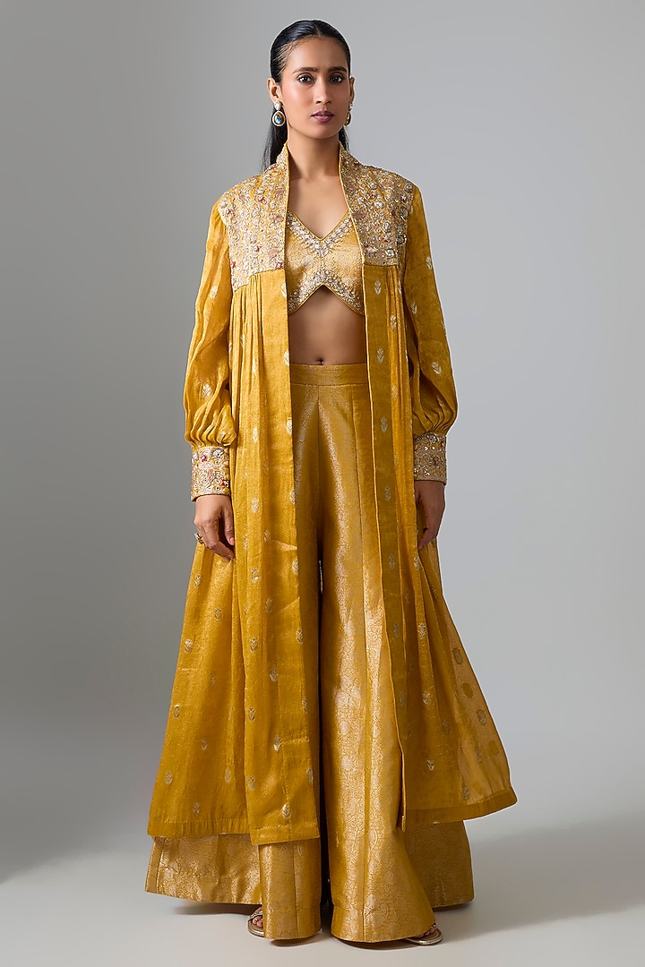 Mustard Tissue Booti Aari & Zardosi Embroidered Jacket Set by Paulmi & Harsh at Pernia's Pop Up Shop