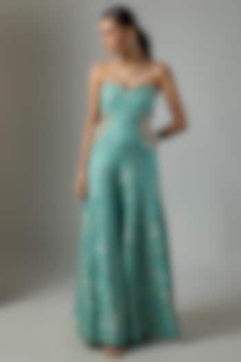 Ice Blue Russian Jacquard Floral Embroidered Jumpsuit by Paulmi & Harsh at Pernia's Pop Up Shop