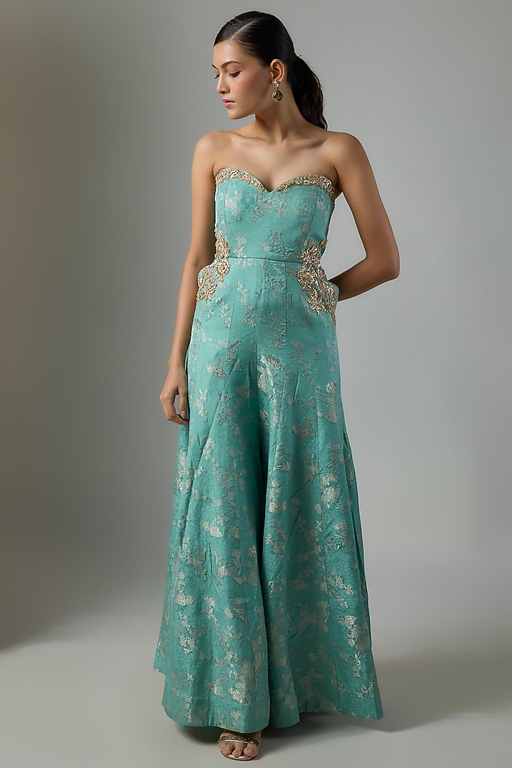Ice Blue Russian Jacquard Floral Embroidered Jumpsuit by Paulmi & Harsh at Pernia's Pop Up Shop