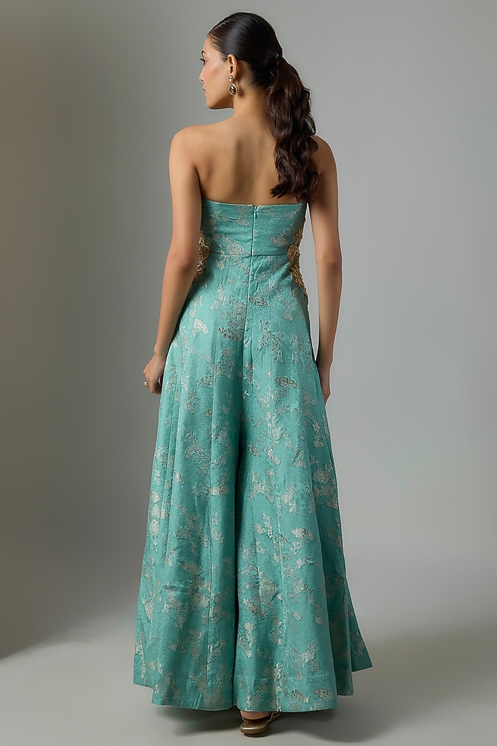 Ice Blue Russian Jacquard Floral Embroidered Jumpsuit by Paulmi & Harsh at Pernia's Pop Up Shop