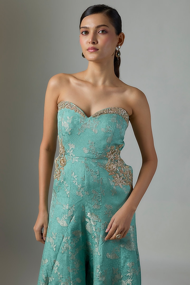 Ice Blue Russian Jacquard Floral Embroidered Jumpsuit by Paulmi & Harsh at Pernia's Pop Up Shop