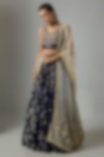 Navy Blue Silver Jacquard Zardosi & Aari Embroidered Wedding Lehenga Set by Paulmi & Harsh at Pernia's Pop Up Shop