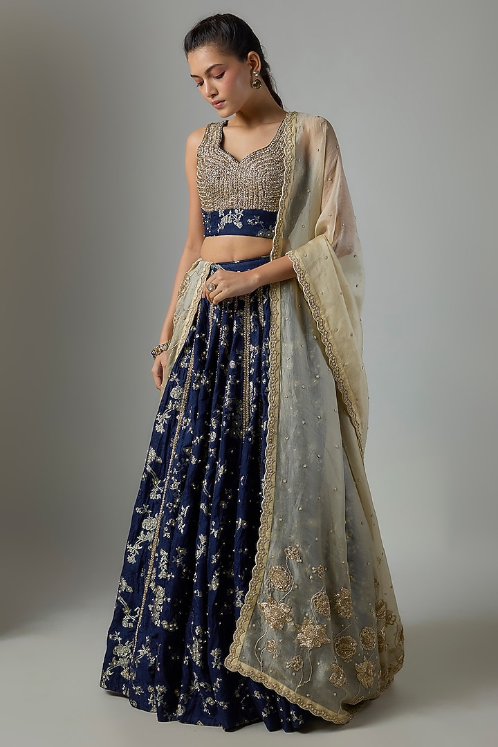 Navy Blue Silver Jacquard Zardosi & Aari Embroidered Wedding Lehenga Set by Paulmi & Harsh at Pernia's Pop Up Shop