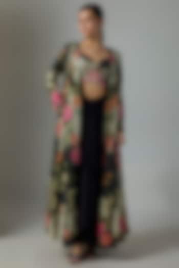 Black Habutai Silk Zardosi & French Knot Embroidered Floral Printed Jacket Set by Paulmi & Harsh at Pernia's Pop Up Shop