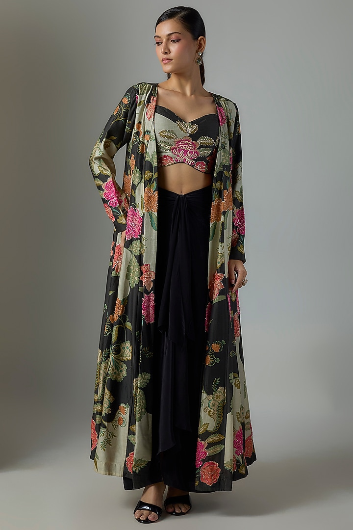 Black Habutai Silk Zardosi & French Knot Embroidered Floral Printed Jacket Set by Paulmi & Harsh at Pernia's Pop Up Shop