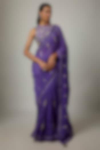 Purple Silk Hand Embroidered Wedding Saree Set by Paulmi & Harsh at Pernia's Pop Up Shop