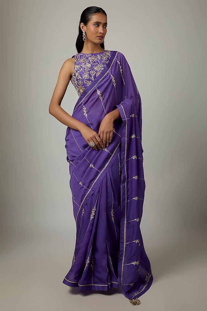 Purple Silk Hand Embroidered Wedding Saree Set by Paulmi & Harsh at Pernia's Pop Up Shop
