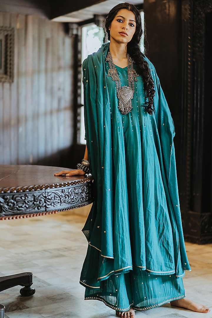 Turquoise Blue Printed Anarkali Set by Paulmi & Harsh