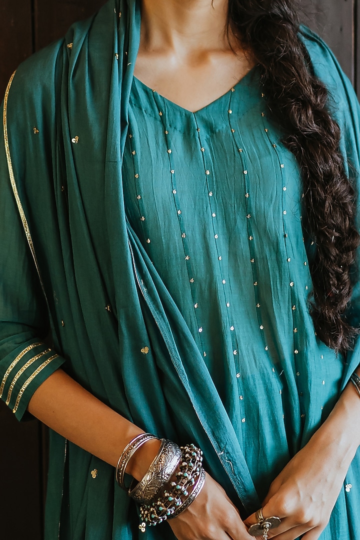 Turquoise Blue Printed Anarkali Set by Paulmi & Harsh at Pernia's Pop Up Shop