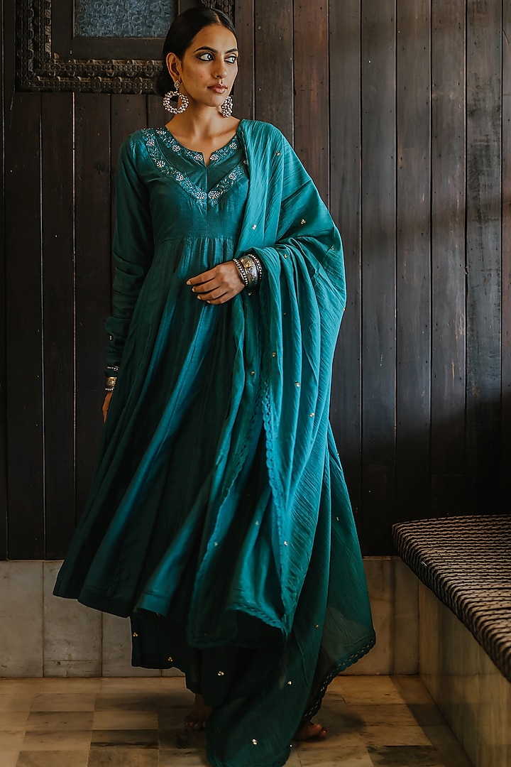 Teal Blue Embroidered Anarkali Set by Paulmi & Harsh