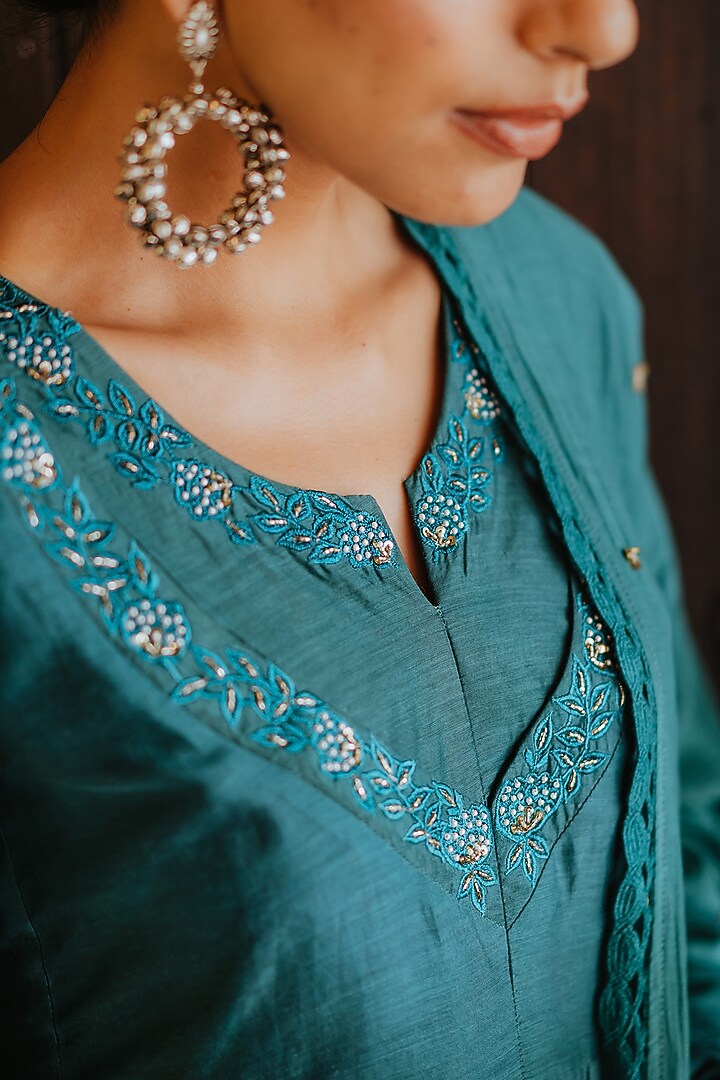 Teal Blue Embroidered Anarkali Set by Paulmi & Harsh at Pernia's Pop Up Shop