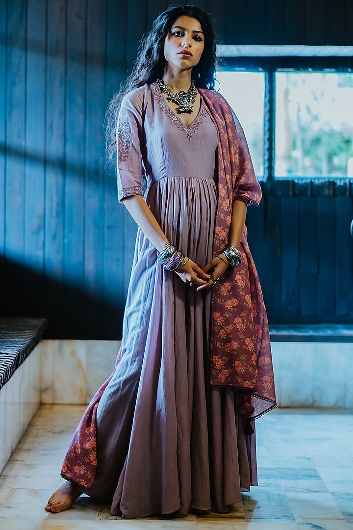 Mauve Embroidered Anarkali With Dupatta by Paulmi & Harsh