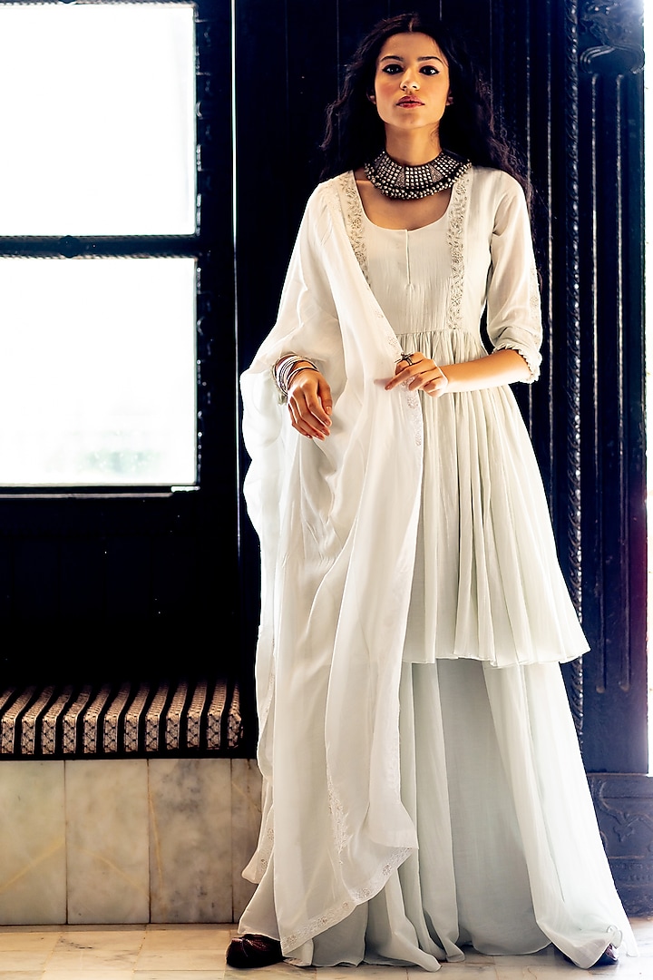 White Embroidered Skirt Set by Paulmi & Harsh