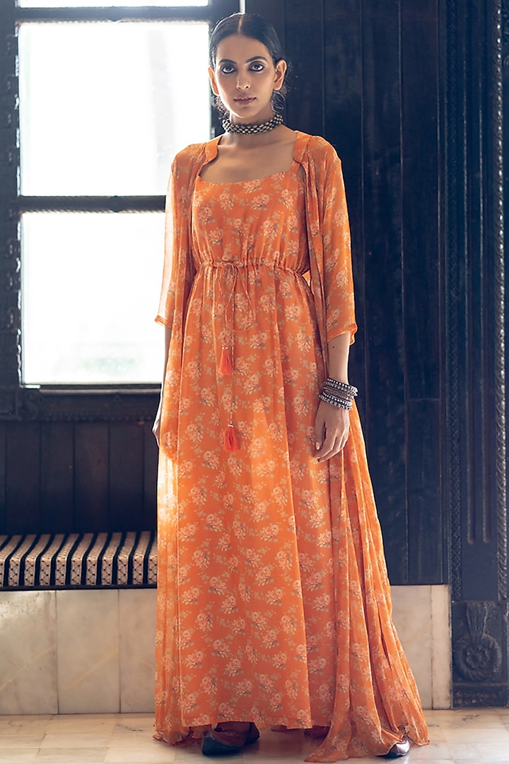 Orange Printed Maxi Dress With Jacket by Paulmi & Harsh