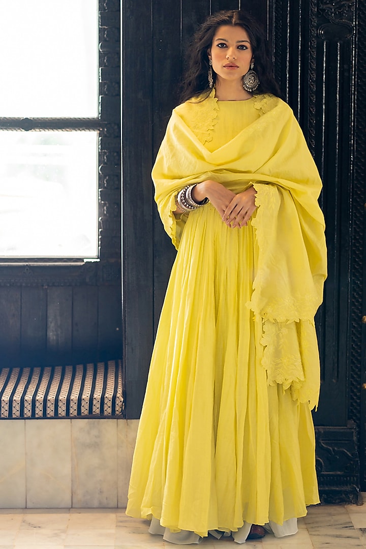 Lime Yellow Anarkali With Embroidered Dupatta by Paulmi & Harsh