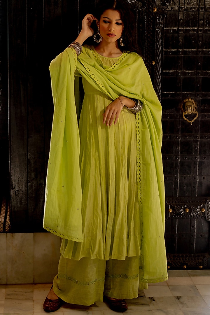 Lime Green Embroidered Anarkali Set by Paulmi & Harsh