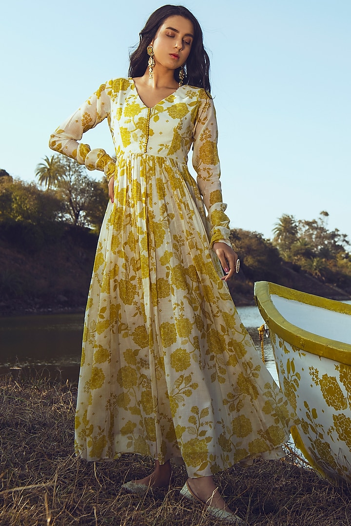 Off-White Bird Printed Party Wear Anarkali Set by Paulmi & Harsh at Pernia's Pop Up Shop