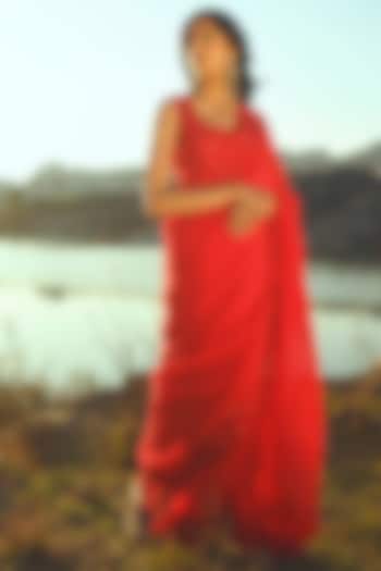 Tomato Red Party Wear Saree Set With Thread Cutwork by Paulmi & Harsh at Pernia's Pop Up Shop