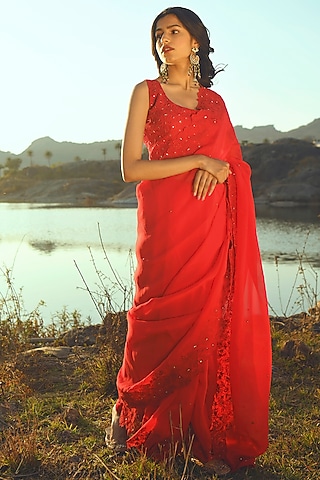 Tomato Red Saree Set With Thread Cutwork by Paulmi & Harsh