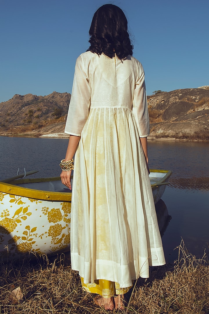 Off-White & Yellow Party Wear Anarkali Set by Paulmi & Harsh at Pernia's Pop Up Shop