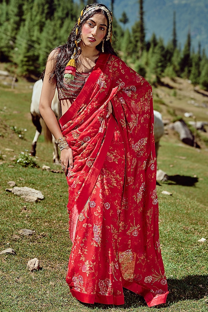 Poppy Red Hand Embroidered Saree Set by Paulmi & Harsh