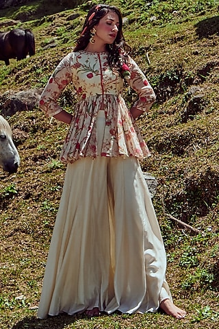 Off-White Cotton Silk Palazzo Pant Set by Paulmi & Harsh