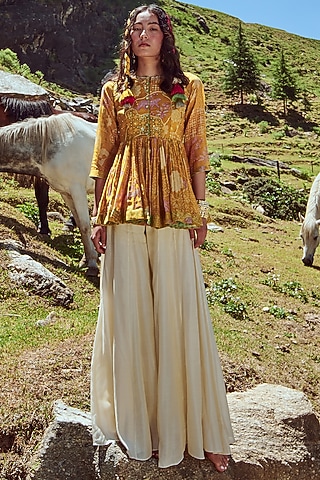 Off-White Cotton Silk Palazzo Pant Set by Paulmi & Harsh