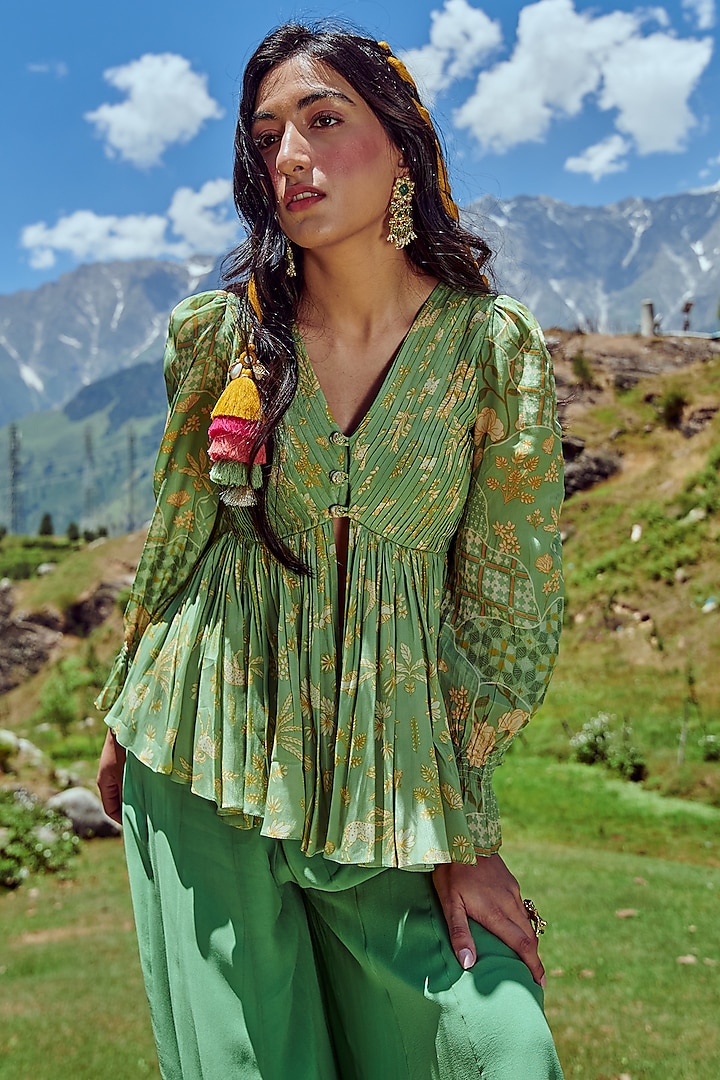 Fern Green Georgette Palazzo Pant Set by Paulmi & Harsh at Pernia's Pop Up Shop