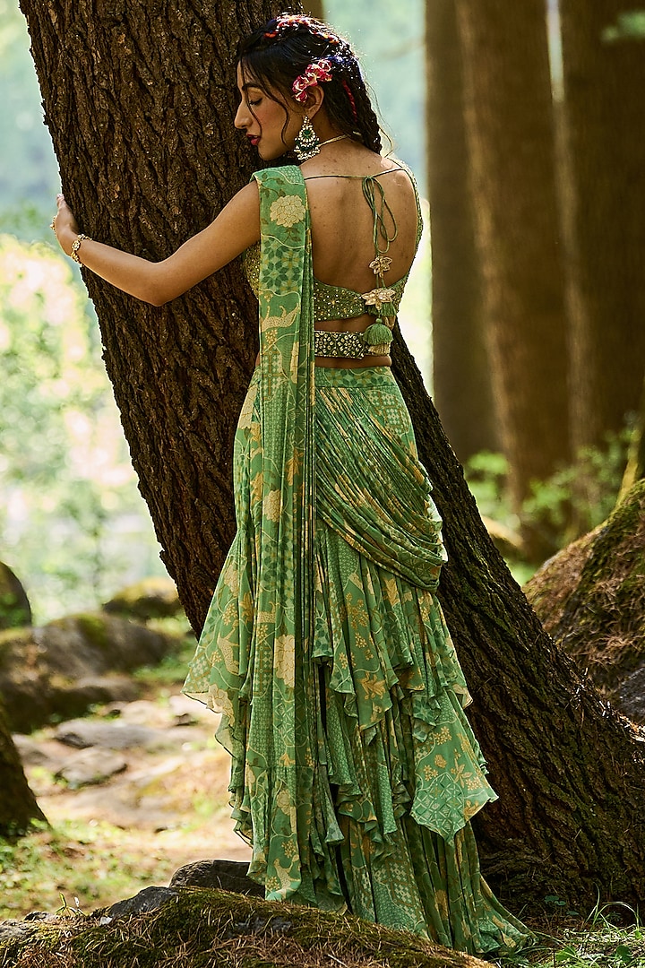Fern Green Georgette Printed Asymmetric Pre-Draped Wedding Saree Set by Paulmi & Harsh at Pernia's Pop Up Shop