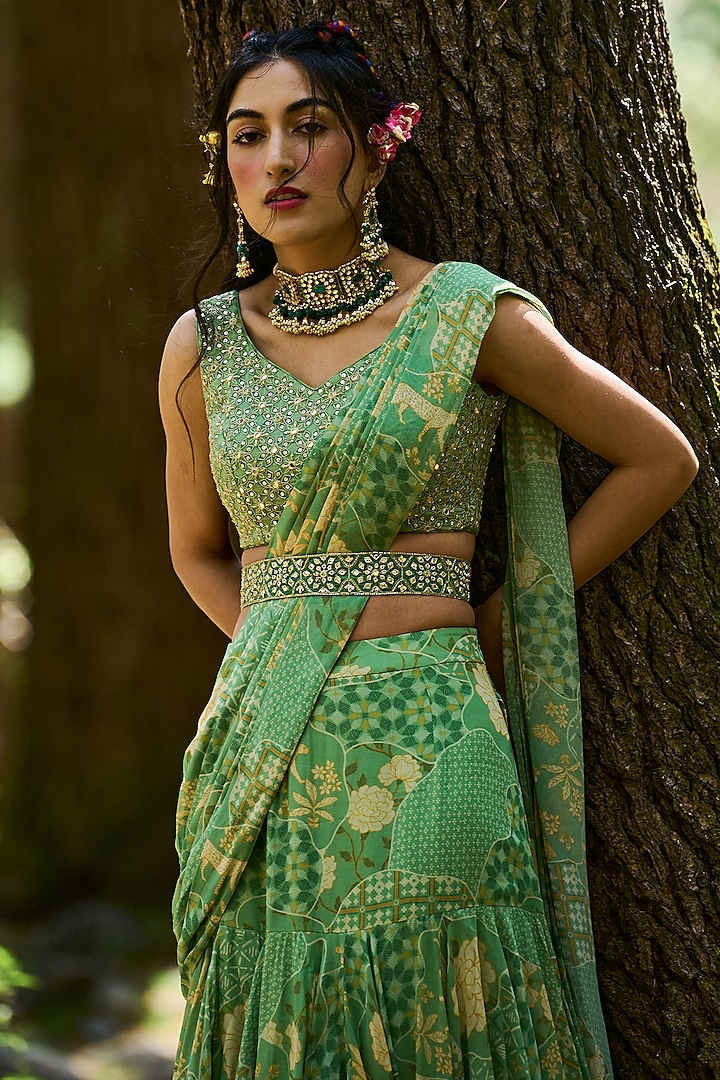 Fern Green Georgette Printed Asymmetric Pre-Draped Wedding Saree Set by Paulmi & Harsh at Pernia's Pop Up Shop