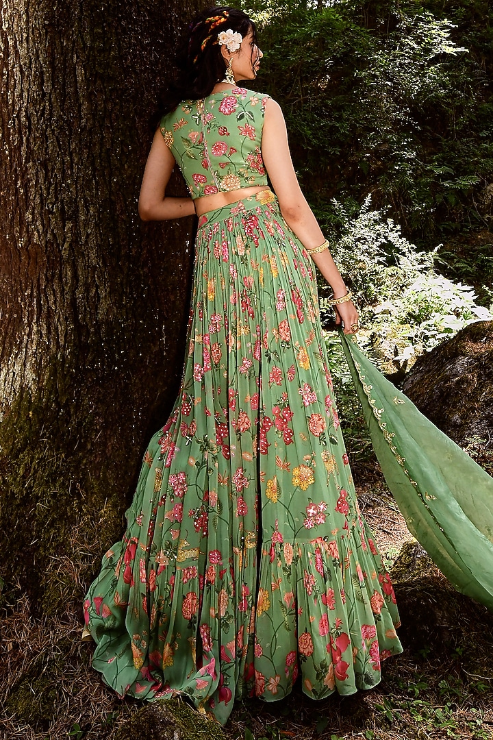 Fern Green Georgette Printed Wedding Lehenga Set by Paulmi & Harsh at Pernia's Pop Up Shop