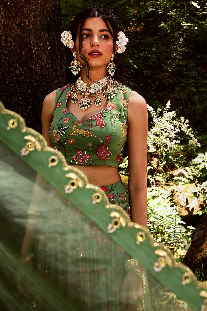 Fern Green Georgette Printed Wedding Lehenga Set by Paulmi & Harsh at Pernia's Pop Up Shop