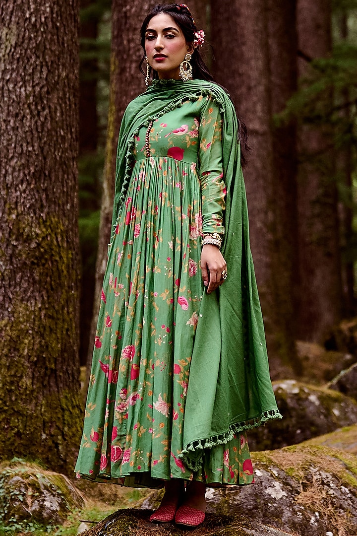 Fern Green Printed Anarkali Set by Paulmi & Harsh at Pernia's Pop Up Shop