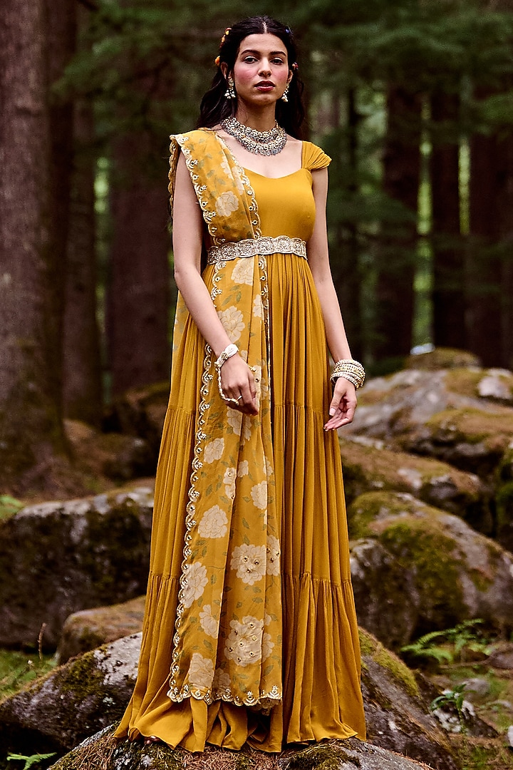 Ochre Yellow Layered Maxi Dress With Dupatta by Paulmi & Harsh