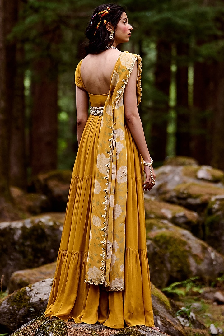 Ochre Yellow Layered Maxi Vacation Dress With Dupatta by Paulmi & Harsh at Pernia's Pop Up Shop