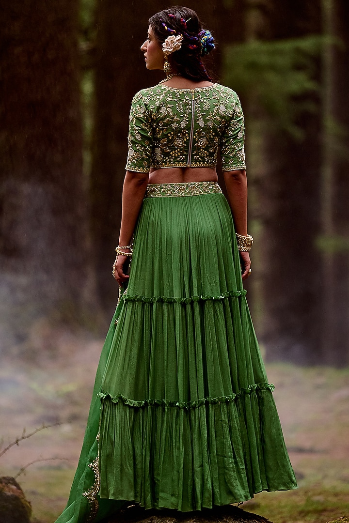Fern Green Crepe Embroidered Layered Wedding Lehenga Set by Paulmi & Harsh at Pernia's Pop Up Shop