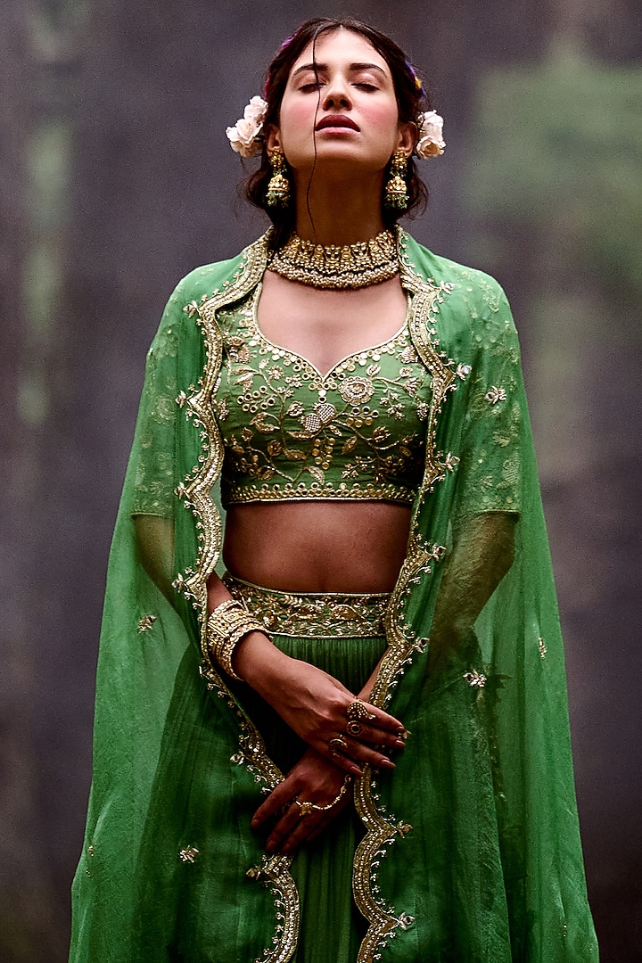 Fern Green Crepe Embroidered Layered Wedding Lehenga Set by Paulmi & Harsh at Pernia's Pop Up Shop