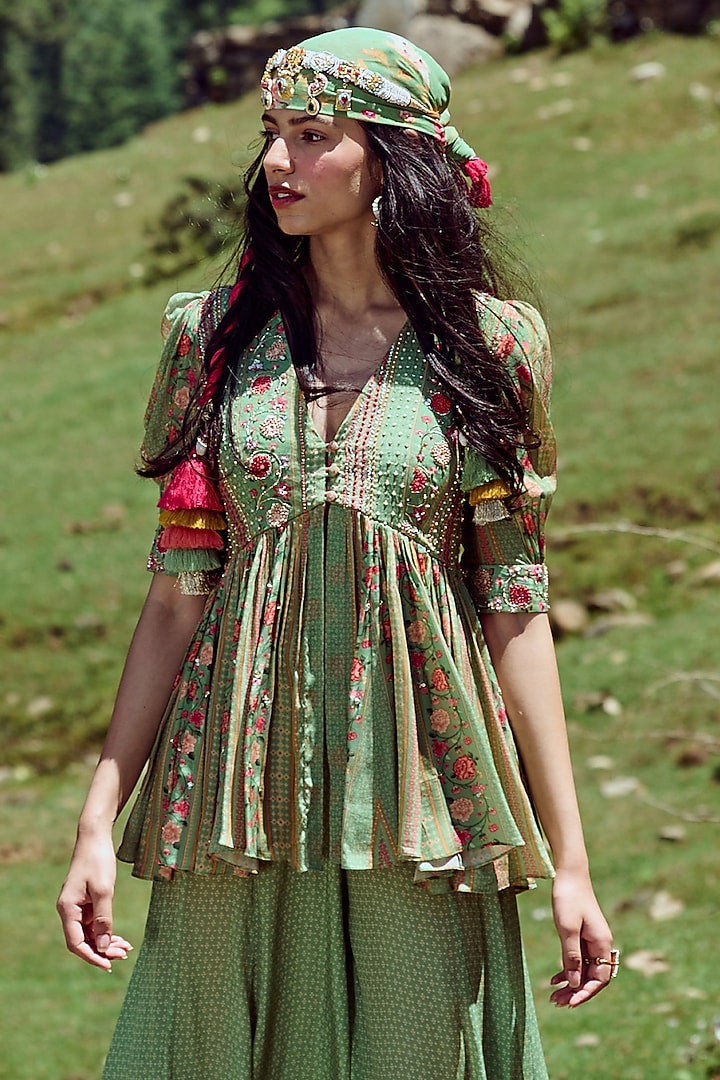 Fern Green Crepe Geometric Printed Palazzo Pant Set by Paulmi & Harsh at Pernia's Pop Up Shop
