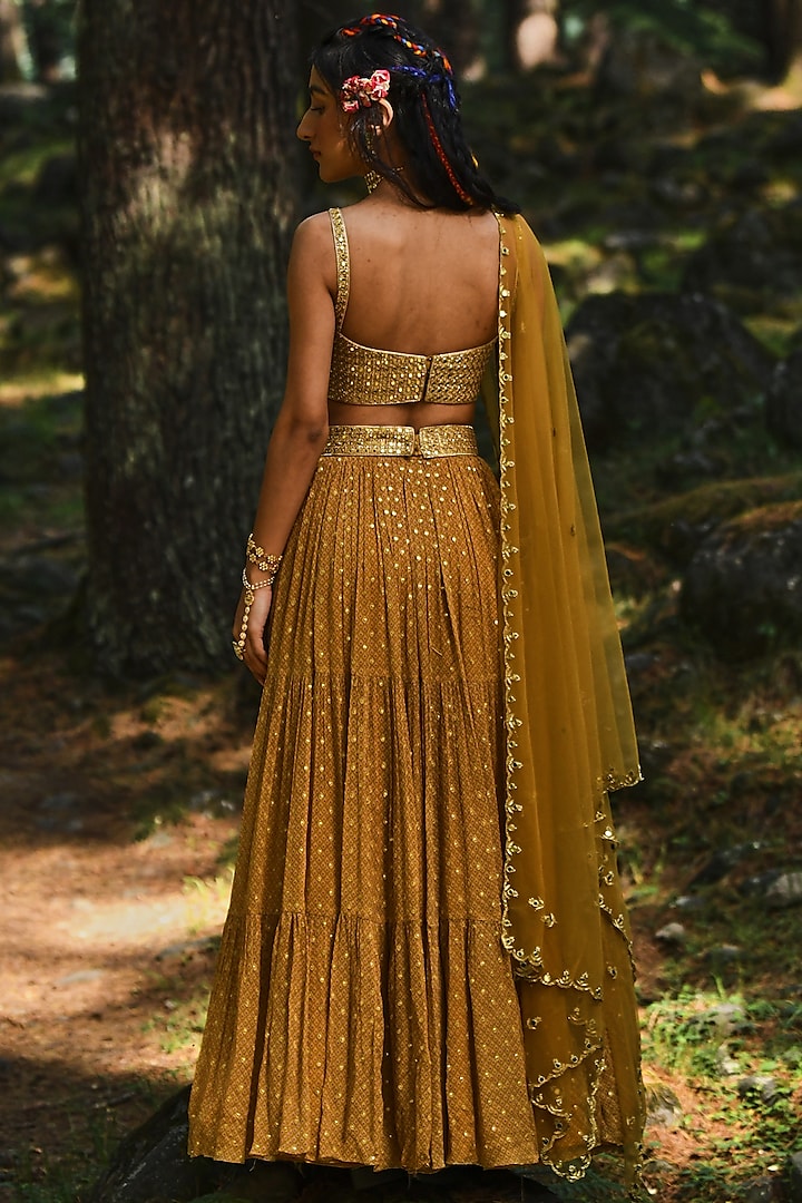 Ochre Yellow Chiffon Embroidered Wedding Lehenga Set by Paulmi & Harsh at Pernia's Pop Up Shop