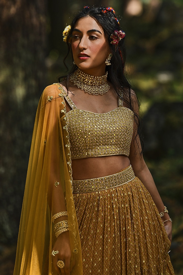 Ochre Yellow Chiffon Embroidered Wedding Lehenga Set by Paulmi & Harsh at Pernia's Pop Up Shop