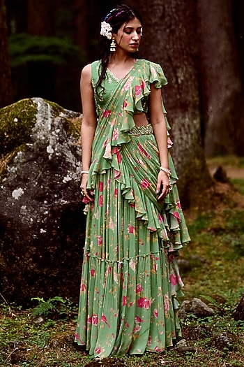 Fern Green Georgette Printed Pre-Draped Wedding Saree Set by Paulmi & Harsh at Pernia's Pop Up Shop