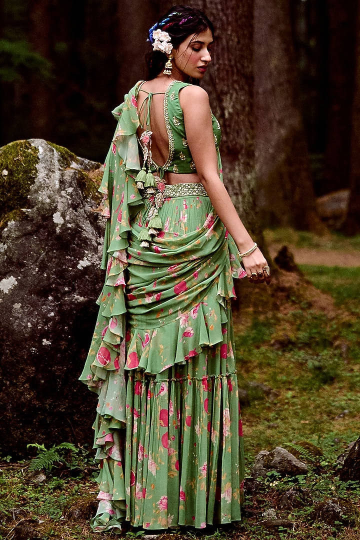 Fern Green Georgette Printed Pre-Draped Wedding Saree Set by Paulmi & Harsh at Pernia's Pop Up Shop