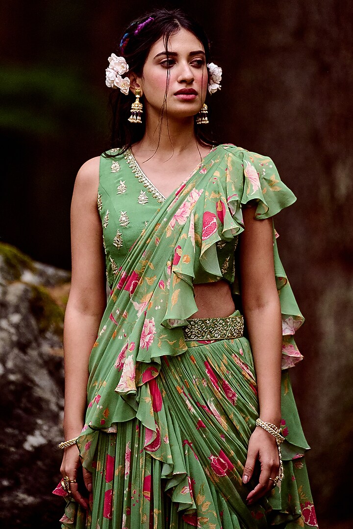 Fern Green Georgette Printed Pre-Draped Wedding Saree Set by Paulmi & Harsh at Pernia's Pop Up Shop