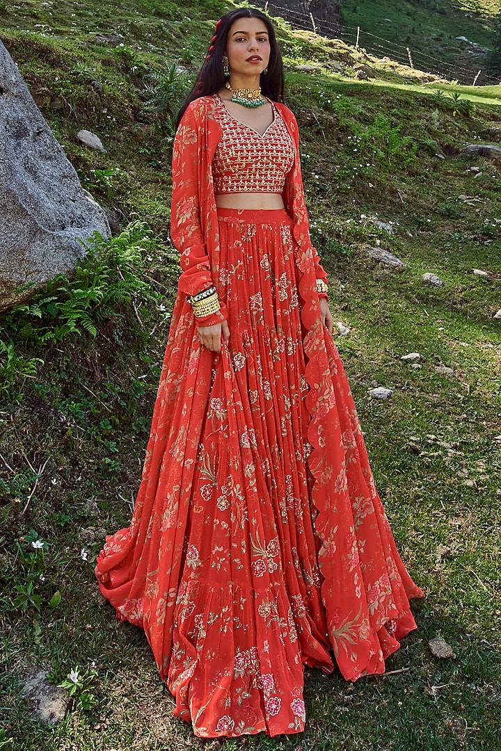 Poppy Red Georgette Printed & Embroidered Lehenga Set by Paulmi & Harsh